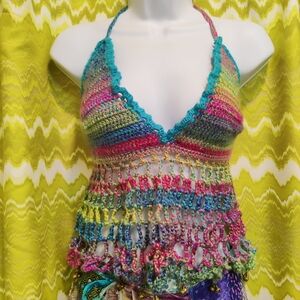 Rainbow Crochet Halter Top with Bells